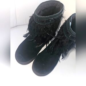 UGG Black Winter Boots with Feather Detail